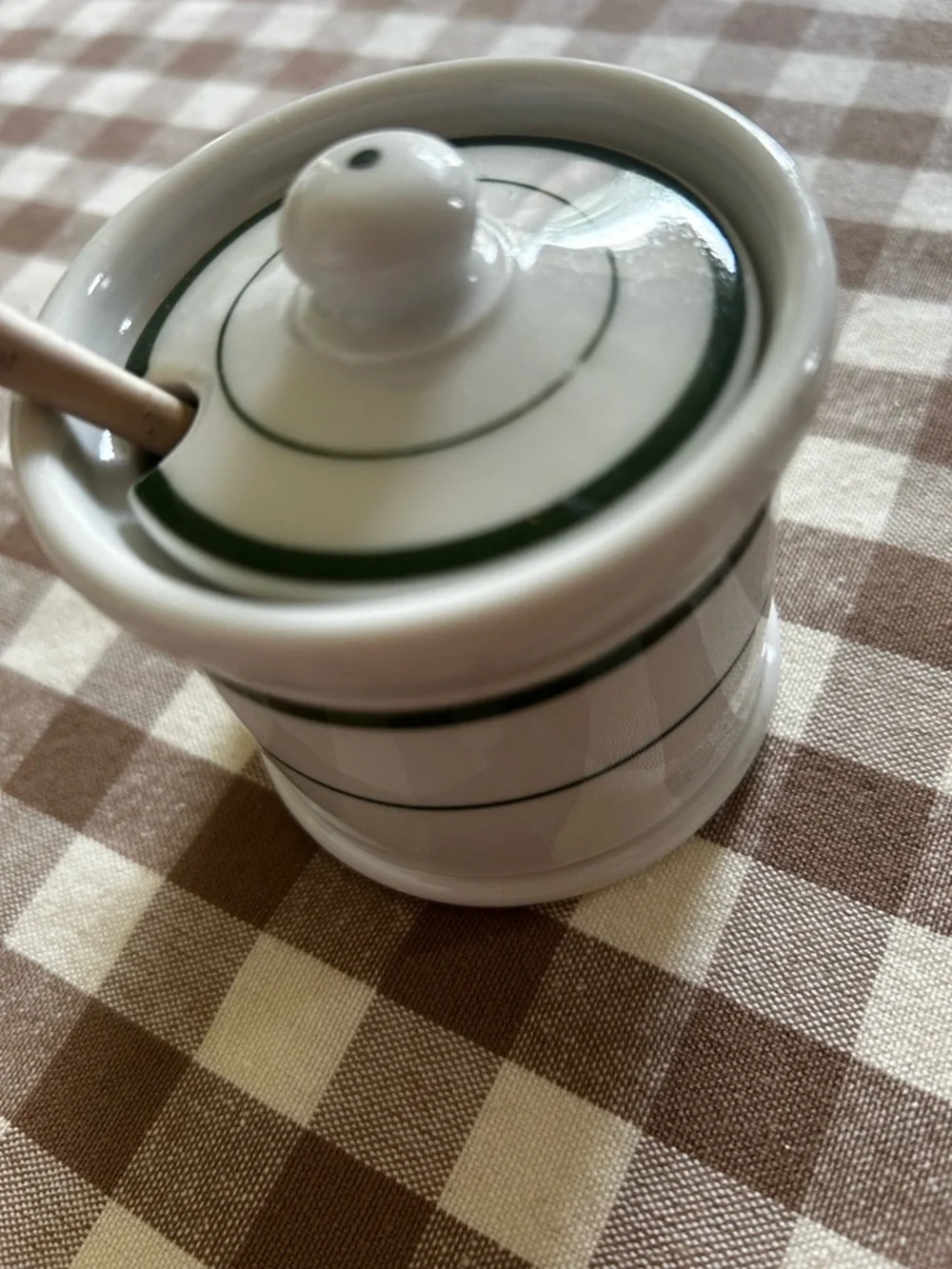 Classic Shenango Restaurant-ware Mustard Pot with Green Stripe & Wooden Spoon